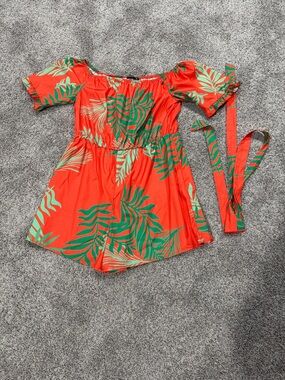 Coral Off-Shoulder Romper with Green Leaf Print